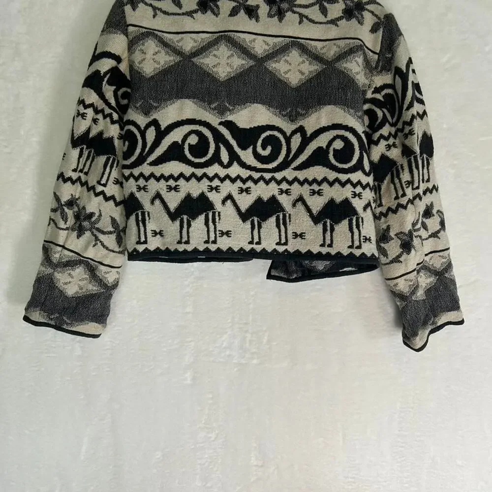 Flashback Vintage Cropped Tapestry‎ Jacket Black Cream Camel Print Cotton Small